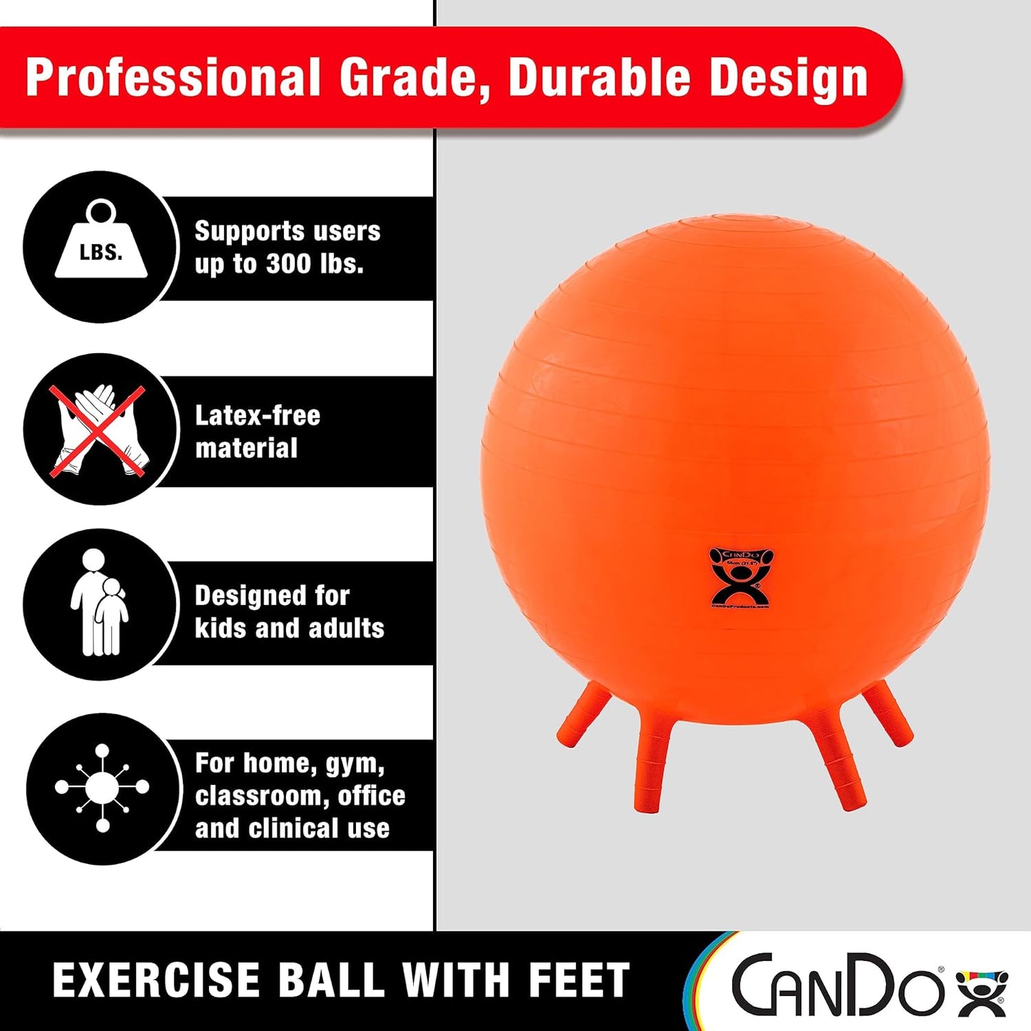 30-1891 Non-Slip Inflatable Exercise Ball with Stability Feet for Exercise, Workout, Core Training, Yoga, Pilates, Active Sitting in Gym, Office, Home or Classroom. Yellow 18"