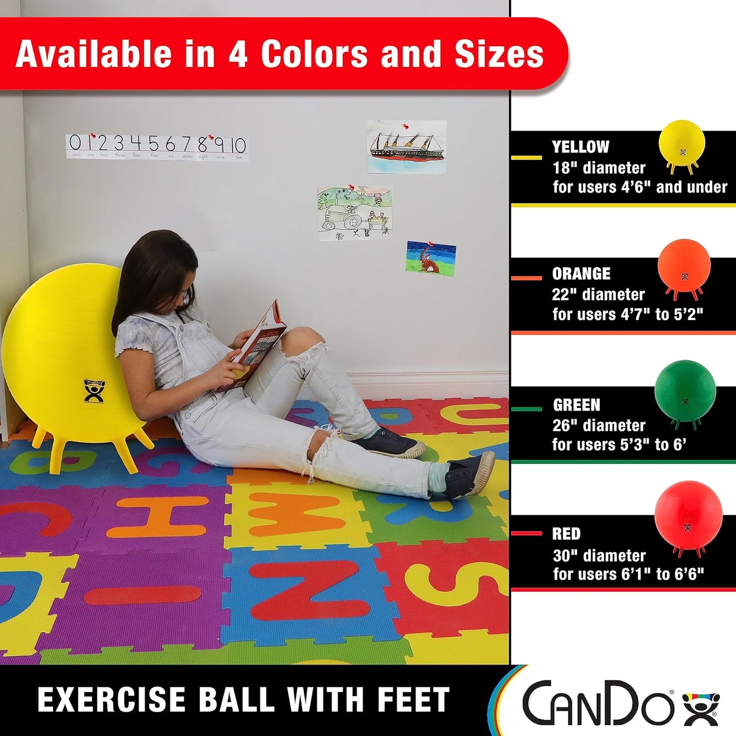 30-1891 Non-Slip Inflatable Exercise Ball with Stability Feet for Exercise, Workout, Core Training, Yoga, Pilates, Active Sitting in Gym, Office, Home or Classroom. Yellow 18"