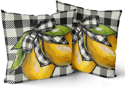 18"x18" Lemon Pillow Cover Set of 2 Summer Yellow Lime Bowknot Checkered Cotton Throw Pillowcases Buffalo Plaid Soft Square Double Sided Cuchion Covers for Couch Sofa Indoor Decoration