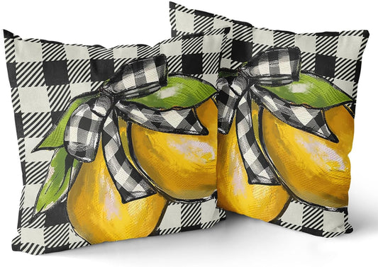 18"x18" Lemon Pillow Cover Set of 2 Summer Yellow Lime Bowknot Checkered Cotton Throw Pillowcases Buffalo Plaid Soft Square Double Sided Cuchion Covers for Couch Sofa Indoor Decoration