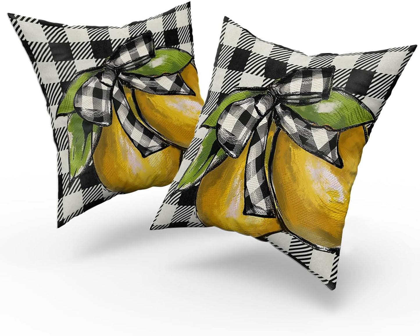 18"x18" Lemon Pillow Cover Set of 2 Summer Yellow Lime Bowknot Checkered Cotton Throw Pillowcases Buffalo Plaid Soft Square Double Sided Cuchion Covers for Couch Sofa Indoor Decoration