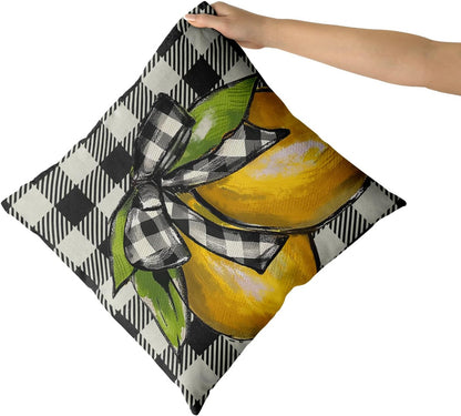 18"x18" Lemon Pillow Cover Set of 2 Summer Yellow Lime Bowknot Checkered Cotton Throw Pillowcases Buffalo Plaid Soft Square Double Sided Cuchion Covers for Couch Sofa Indoor Decoration