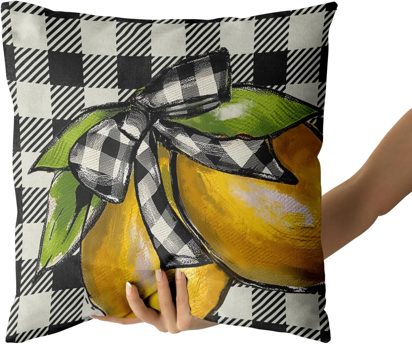 18"x18" Lemon Pillow Cover Set of 2 Summer Yellow Lime Bowknot Checkered Cotton Throw Pillowcases Buffalo Plaid Soft Square Double Sided Cuchion Covers for Couch Sofa Indoor Decoration