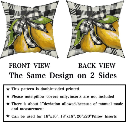 18"x18" Lemon Pillow Cover Set of 2 Summer Yellow Lime Bowknot Checkered Cotton Throw Pillowcases Buffalo Plaid Soft Square Double Sided Cuchion Covers for Couch Sofa Indoor Decoration