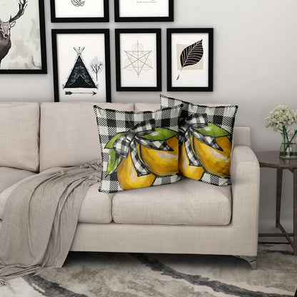 18"x18" Lemon Pillow Cover Set of 2 Summer Yellow Lime Bowknot Checkered Cotton Throw Pillowcases Buffalo Plaid Soft Square Double Sided Cuchion Covers for Couch Sofa Indoor Decoration