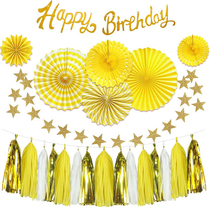 Yellow Birthday Decorations for Women, with Banner & Hanging Paper Fans | 33Pcs Yellow Party Decor for Girl- Ideal for Baby Shower Honeybee Sunflower Theme Birthday Party Decoration Supplies