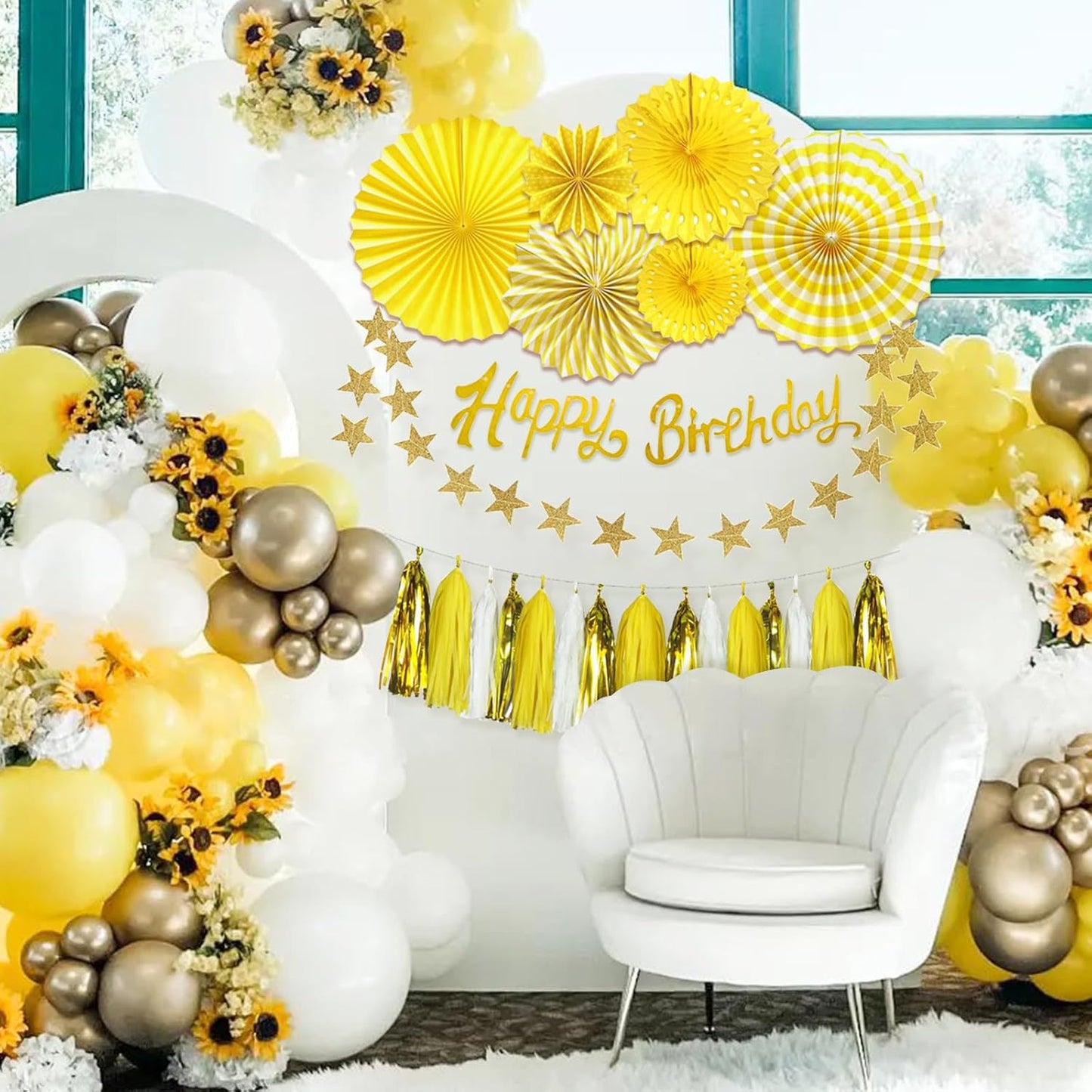 Yellow Birthday Decorations for Women, with Banner & Hanging Paper Fans | 33Pcs Yellow Party Decor for Girl- Ideal for Baby Shower Honeybee Sunflower Theme Birthday Party Decoration Supplies