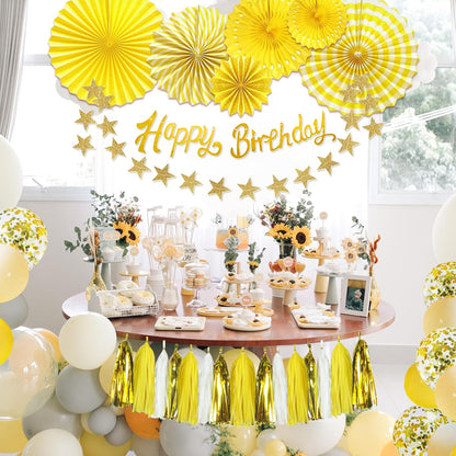Yellow Birthday Decorations for Women, with Banner & Hanging Paper Fans | 33Pcs Yellow Party Decor for Girl- Ideal for Baby Shower Honeybee Sunflower Theme Birthday Party Decoration Supplies