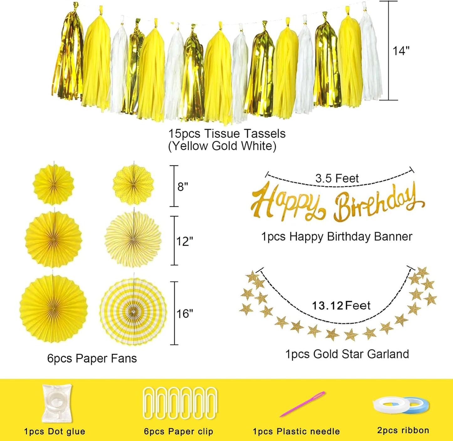 Yellow Birthday Decorations for Women, with Banner & Hanging Paper Fans | 33Pcs Yellow Party Decor for Girl- Ideal for Baby Shower Honeybee Sunflower Theme Birthday Party Decoration Supplies