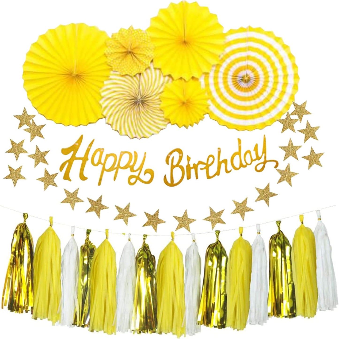 Yellow Birthday Decorations for Women, with Banner & Hanging Paper Fans | 33Pcs Yellow Party Decor for Girl- Ideal for Baby Shower Honeybee Sunflower Theme Birthday Party Decoration Supplies