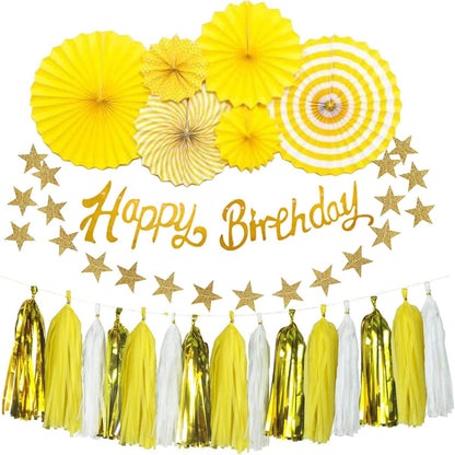 Yellow Birthday Decorations for Women, with Banner & Hanging Paper Fans | 33Pcs Yellow Party Decor for Girl- Ideal for Baby Shower Honeybee Sunflower Theme Birthday Party Decoration Supplies