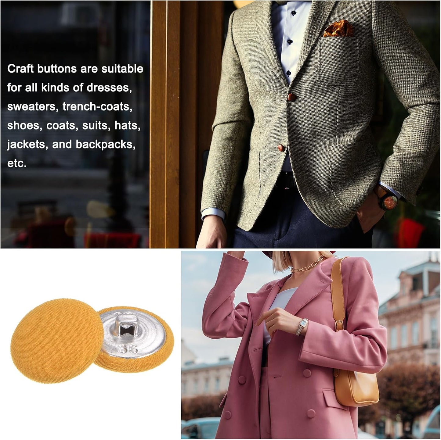 10pcs 36L Fabric Cloth Covered Button 23mm Metal Shank Round Sewing Buttons for Suits Dress Blouses, Yellow