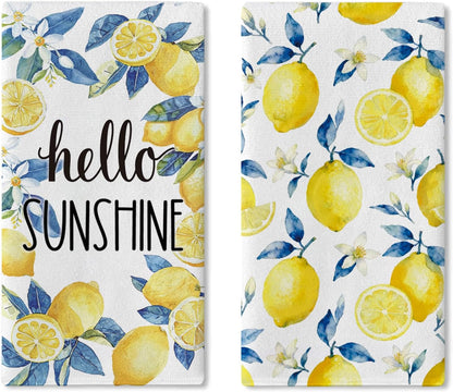 Hello Sunshine Lemon Kitchen Dish Towels Set of 2, Spring Summer Citrus Fruit Floral Botanical Drying Hand Towel Baking Cooking Cloth, Farmhouse Bathroom Home Decoration 18'' x 26''