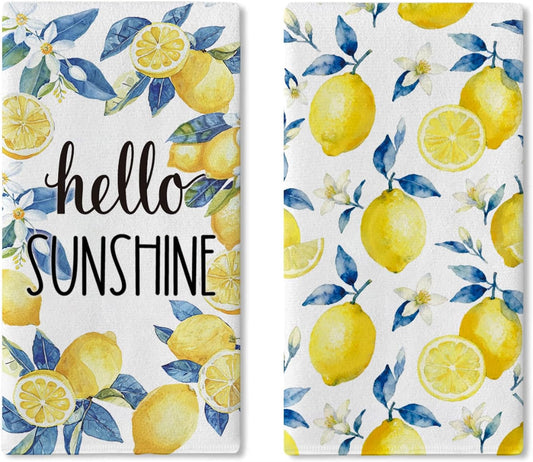 Hello Sunshine Lemon Kitchen Dish Towels Set of 2, Spring Summer Citrus Fruit Floral Botanical Drying Hand Towel Baking Cooking Cloth, Farmhouse Bathroom Home Decoration 18'' x 26''