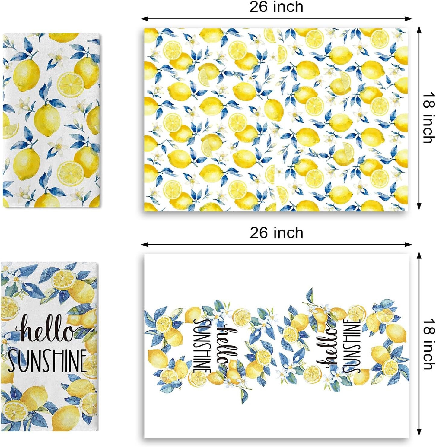 Hello Sunshine Lemon Kitchen Dish Towels Set of 2, Spring Summer Citrus Fruit Floral Botanical Drying Hand Towel Baking Cooking Cloth, Farmhouse Bathroom Home Decoration 18'' x 26''