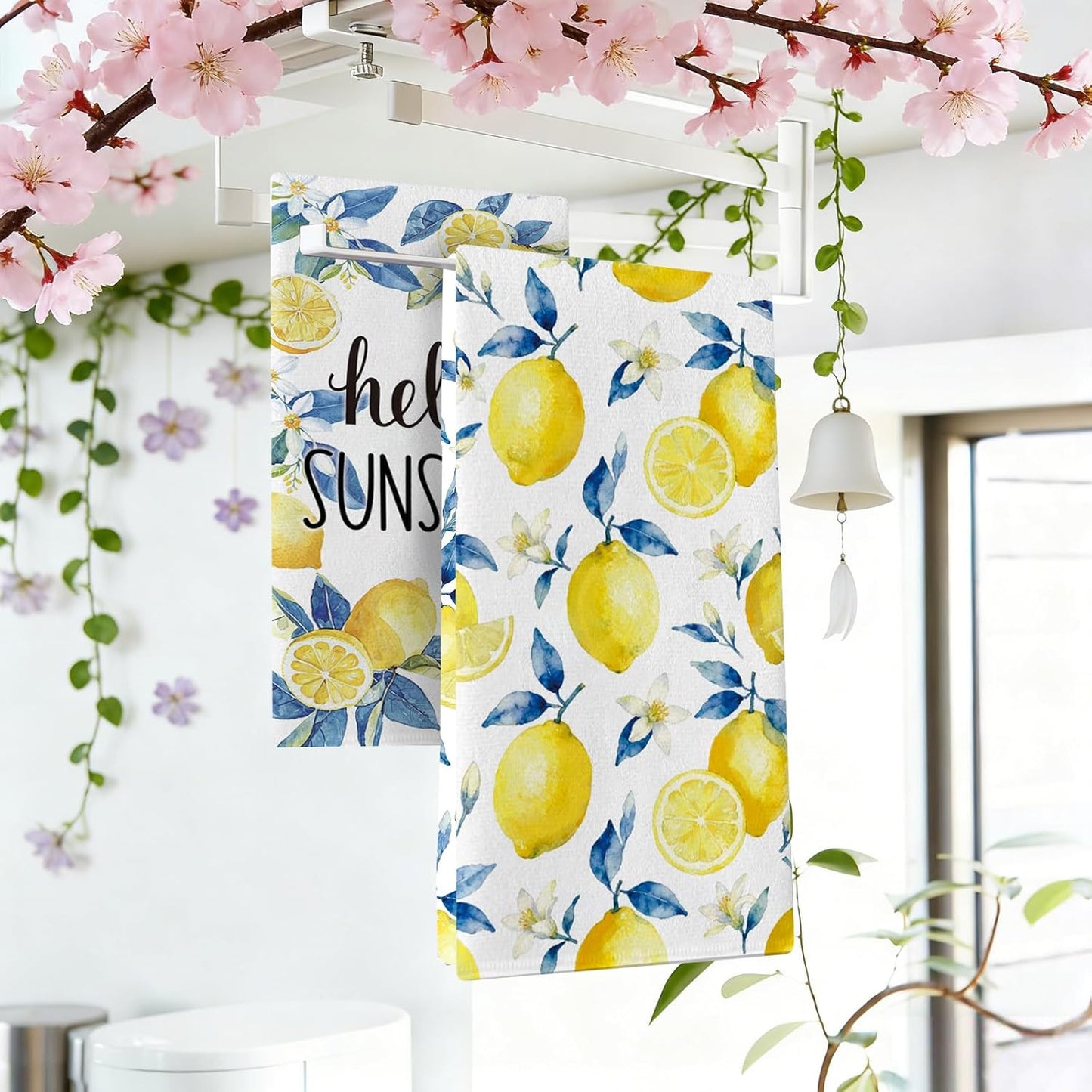 Hello Sunshine Lemon Kitchen Dish Towels Set of 2, Spring Summer Citrus Fruit Floral Botanical Drying Hand Towel Baking Cooking Cloth, Farmhouse Bathroom Home Decoration 18'' x 26''