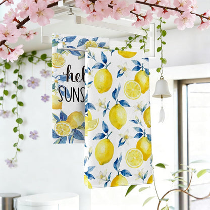 Hello Sunshine Lemon Kitchen Dish Towels Set of 2, Spring Summer Citrus Fruit Floral Botanical Drying Hand Towel Baking Cooking Cloth, Farmhouse Bathroom Home Decoration 18'' x 26''