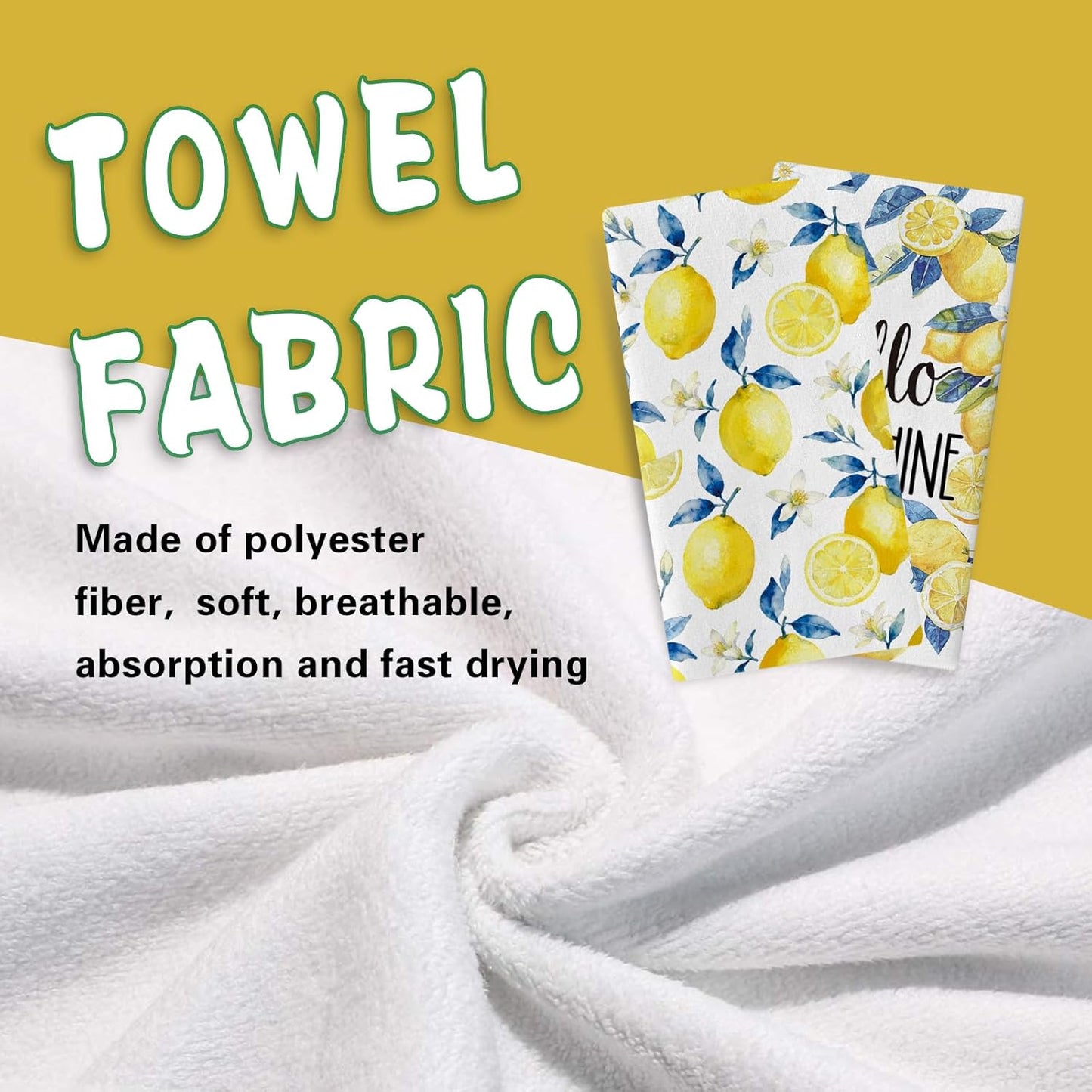 Hello Sunshine Lemon Kitchen Dish Towels Set of 2, Spring Summer Citrus Fruit Floral Botanical Drying Hand Towel Baking Cooking Cloth, Farmhouse Bathroom Home Decoration 18'' x 26''