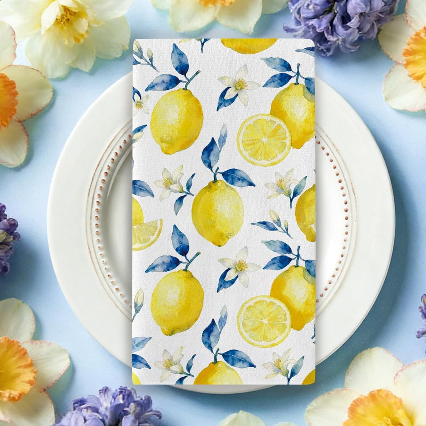 Hello Sunshine Lemon Kitchen Dish Towels Set of 2, Spring Summer Citrus Fruit Floral Botanical Drying Hand Towel Baking Cooking Cloth, Farmhouse Bathroom Home Decoration 18'' x 26''