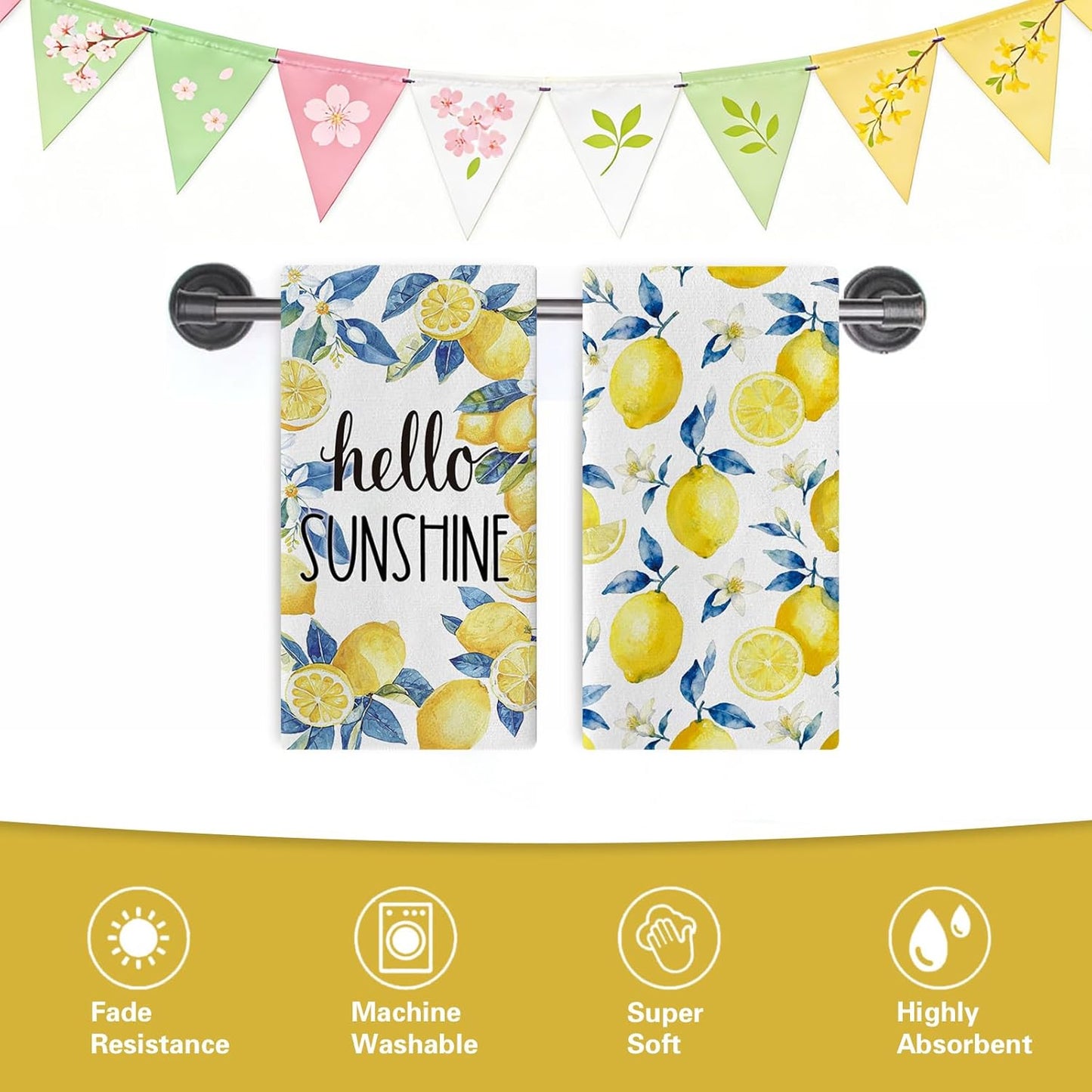 Hello Sunshine Lemon Kitchen Dish Towels Set of 2, Spring Summer Citrus Fruit Floral Botanical Drying Hand Towel Baking Cooking Cloth, Farmhouse Bathroom Home Decoration 18'' x 26''