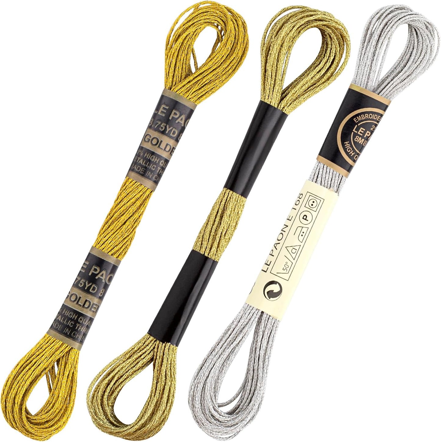 3 Skeins Metallic Embroidery Floss, Glitter Embroidery Thread String, Polyester Cross-Stitch Threads for Hand Embroidery, String Art, DIY Bracelet- Gold & Silver & Yellow