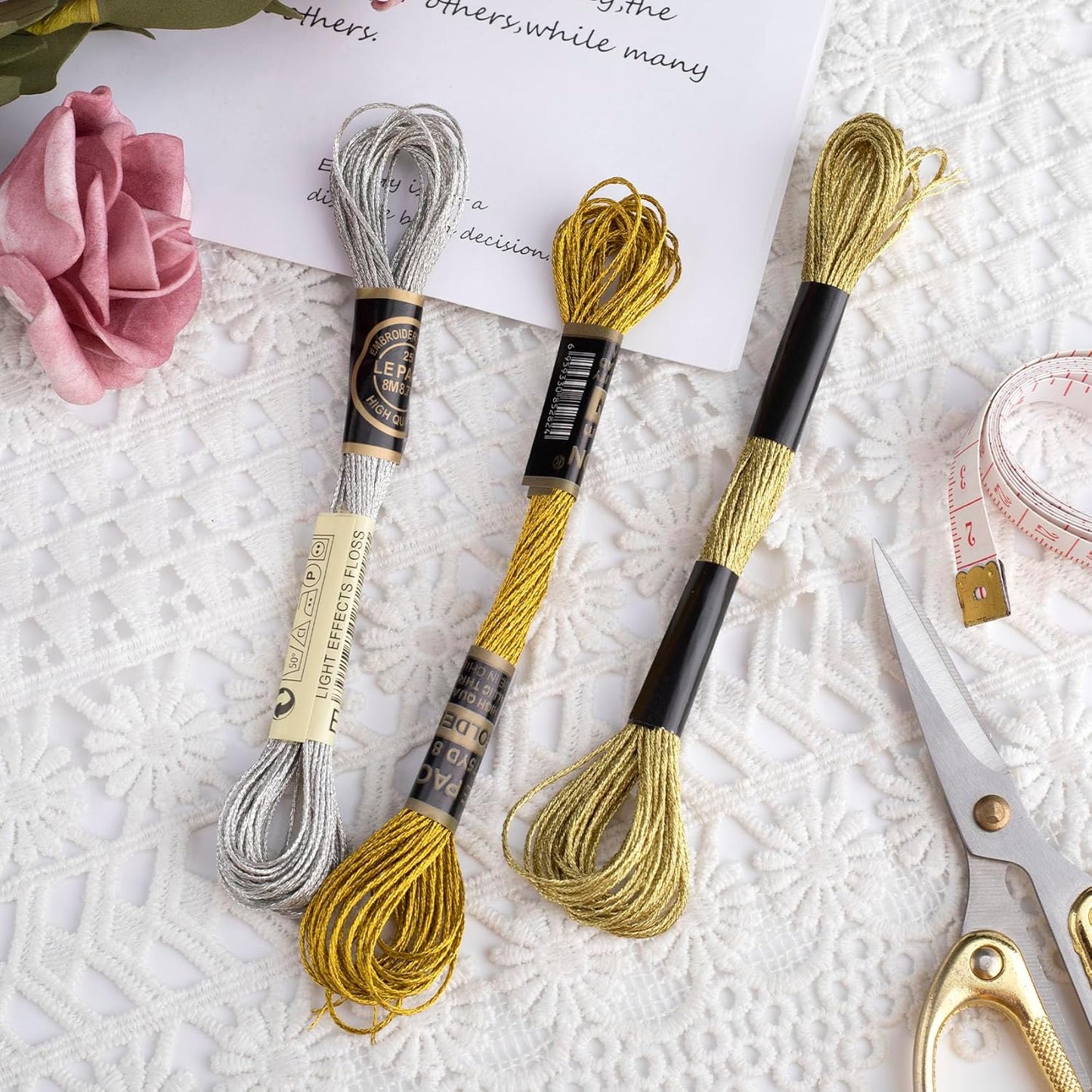 3 Skeins Metallic Embroidery Floss, Glitter Embroidery Thread String, Polyester Cross-Stitch Threads for Hand Embroidery, String Art, DIY Bracelet- Gold & Silver & Yellow