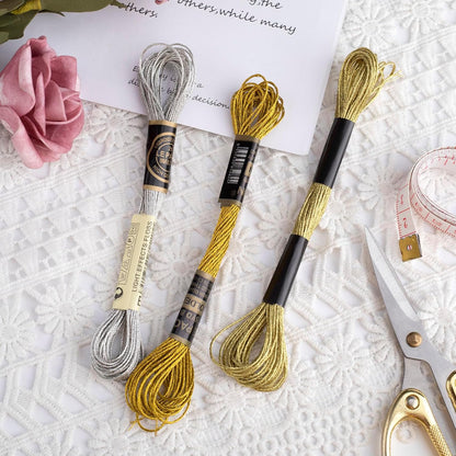 3 Skeins Metallic Embroidery Floss, Glitter Embroidery Thread String, Polyester Cross-Stitch Threads for Hand Embroidery, String Art, DIY Bracelet- Gold & Silver & Yellow