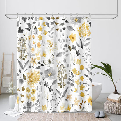 Yellow Floral Shower Curtain, Yellow Grey Cute Flower Fabric Shower Curtain for Bathroom, Watercolor Wildflower Butterfly Cloth Shower Curtain Set with Hooks, 72x72