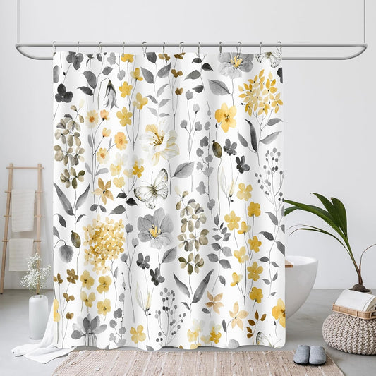 Yellow Floral Shower Curtain, Yellow Grey Cute Flower Fabric Shower Curtain for Bathroom, Watercolor Wildflower Butterfly Cloth Shower Curtain Set with Hooks, 72x72