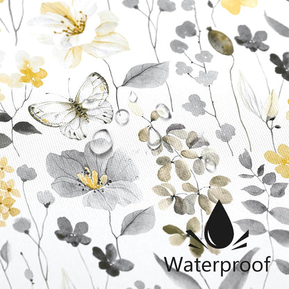 Yellow Floral Shower Curtain, Yellow Grey Cute Flower Fabric Shower Curtain for Bathroom, Watercolor Wildflower Butterfly Cloth Shower Curtain Set with Hooks, 72x72
