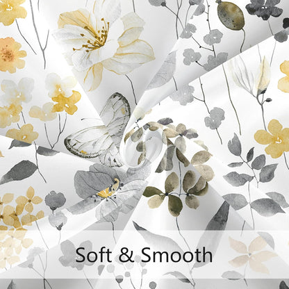 Yellow Floral Shower Curtain, Yellow Grey Cute Flower Fabric Shower Curtain for Bathroom, Watercolor Wildflower Butterfly Cloth Shower Curtain Set with Hooks, 72x72