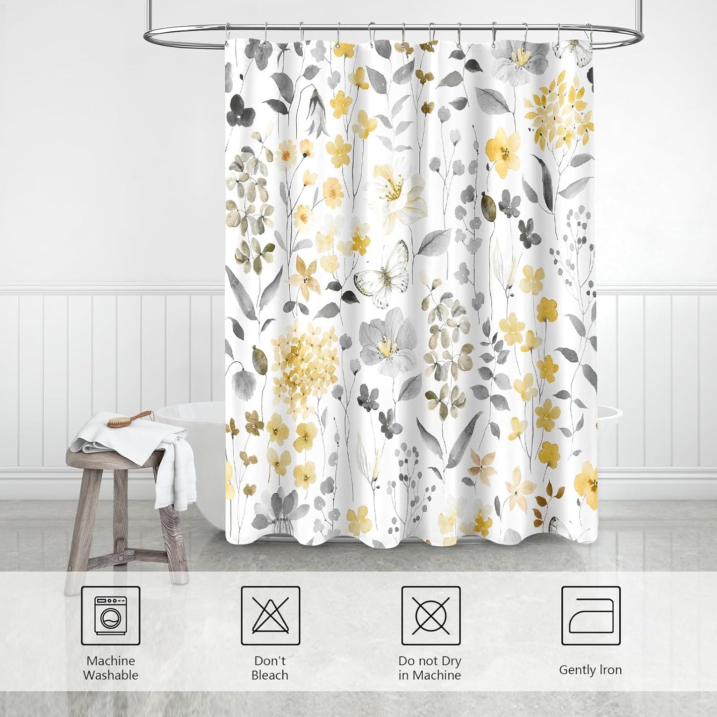 Yellow Floral Shower Curtain, Yellow Grey Cute Flower Fabric Shower Curtain for Bathroom, Watercolor Wildflower Butterfly Cloth Shower Curtain Set with Hooks, 72x72