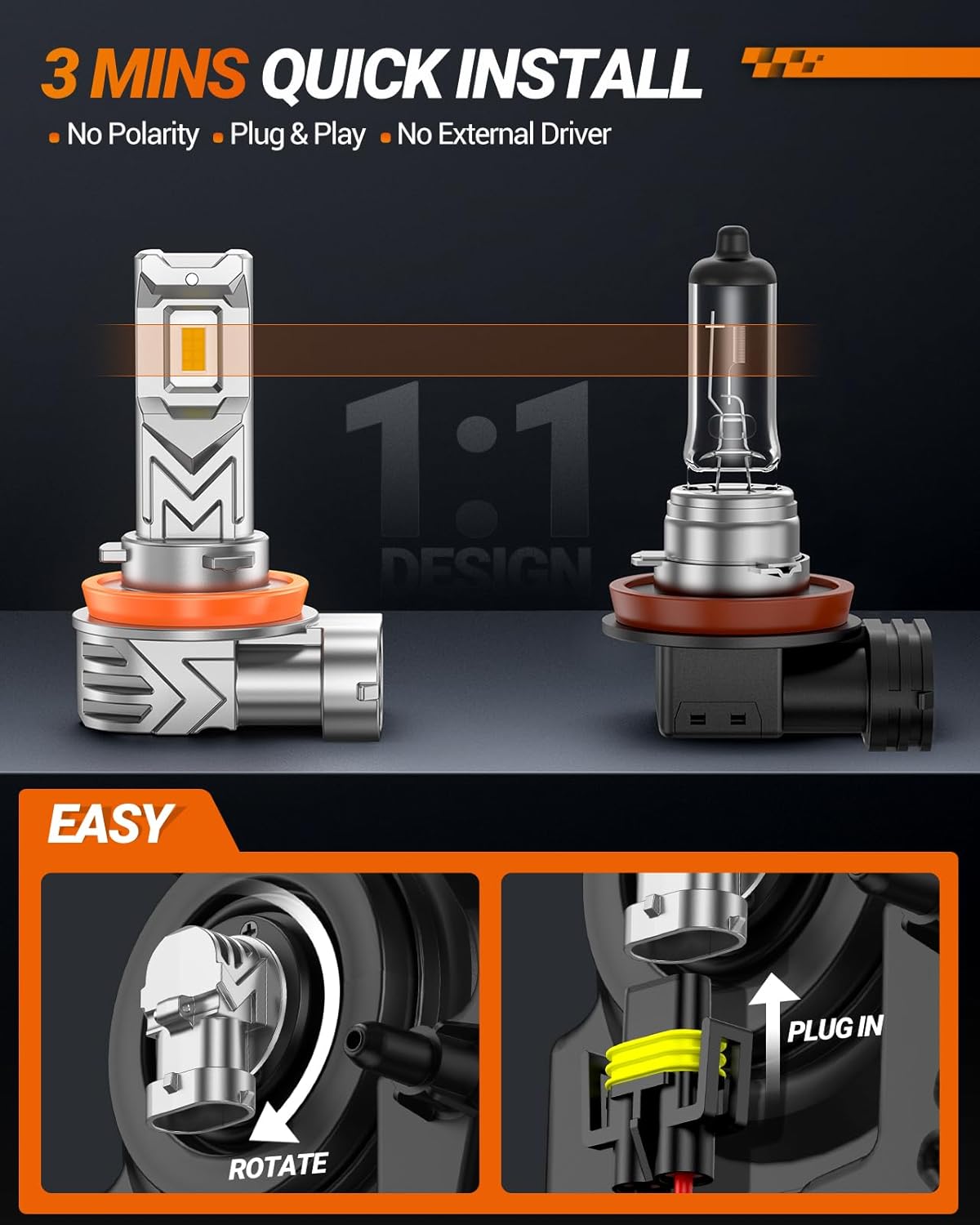 H8/H16/H11 LED Fog Light Bulb Yellow, 17,000 Lumens 3500K Golden Yellow H11 LED Bulb, 800% Brightness, CSP Chips H8 Fog Lights for Car, Clearance Light Marker Light, Play and Plug (Pack of 2)