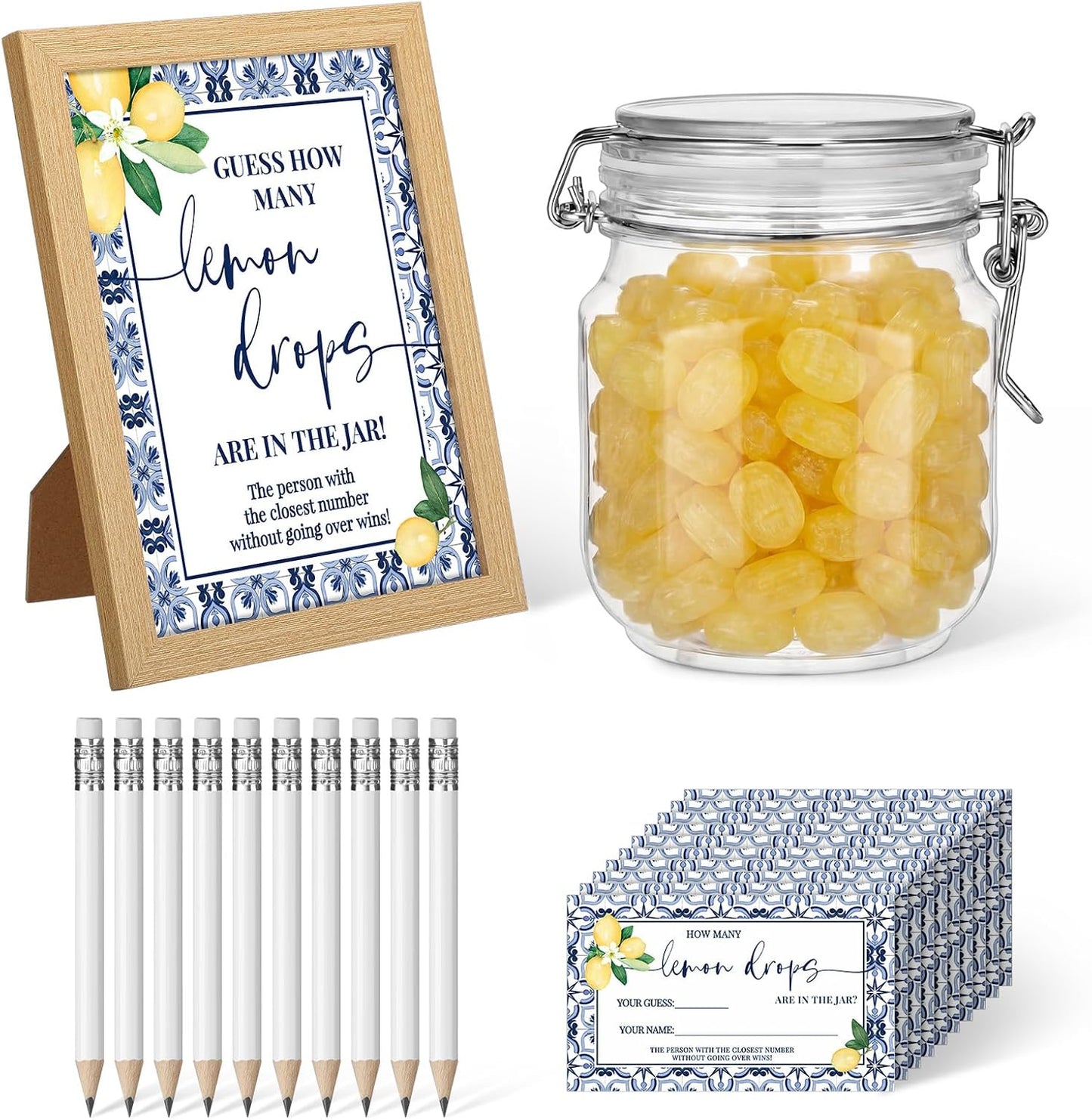 114 Pcs Capri Lemon Guess How Many Lemon Drops Bridal Shower Games Amalfi Coast Italian Wedding with Wooden Photo Frame Riddle Cards Plastic Jar HB Pencils for Bridal Wedding Shower Favors