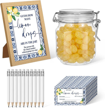 114 Pcs Capri Lemon Guess How Many Lemon Drops Bridal Shower Games Amalfi Coast Italian Wedding with Wooden Photo Frame Riddle Cards Plastic Jar HB Pencils for Bridal Wedding Shower Favors