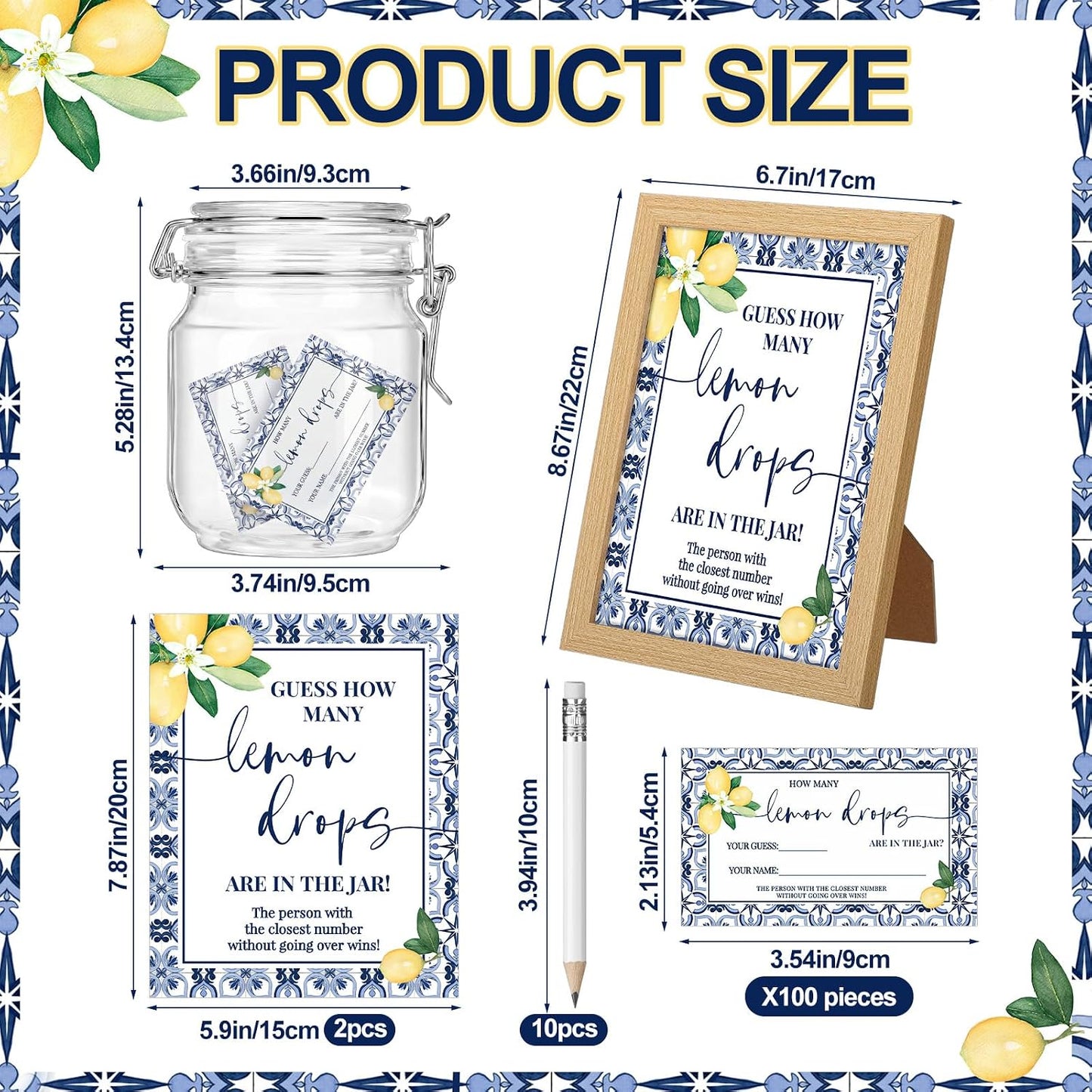 114 Pcs Capri Lemon Guess How Many Lemon Drops Bridal Shower Games Amalfi Coast Italian Wedding with Wooden Photo Frame Riddle Cards Plastic Jar HB Pencils for Bridal Wedding Shower Favors