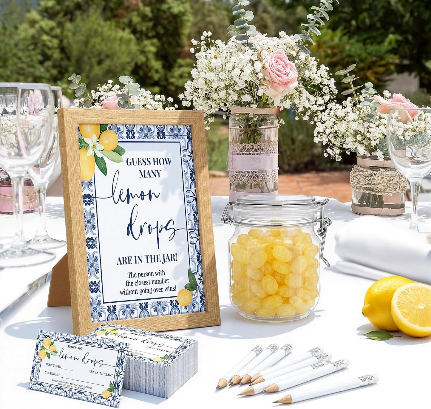 114 Pcs Capri Lemon Guess How Many Lemon Drops Bridal Shower Games Amalfi Coast Italian Wedding with Wooden Photo Frame Riddle Cards Plastic Jar HB Pencils for Bridal Wedding Shower Favors