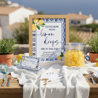 114 Pcs Capri Lemon Guess How Many Lemon Drops Bridal Shower Games Amalfi Coast Italian Wedding with Wooden Photo Frame Riddle Cards Plastic Jar HB Pencils for Bridal Wedding Shower Favors