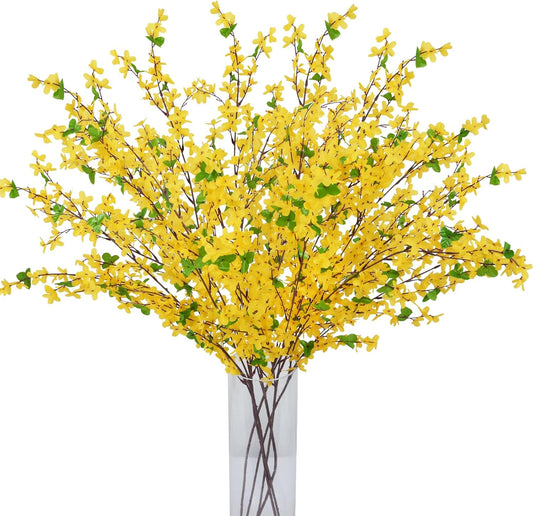 35in Forsythia Long Stem Artificial Flowers for Tall Vase 6PCS | Yellow Artificial Flowers, Silk Forsythia Branches, Flexible Wire Stems, Vase Decor, Home and Wedding Displays