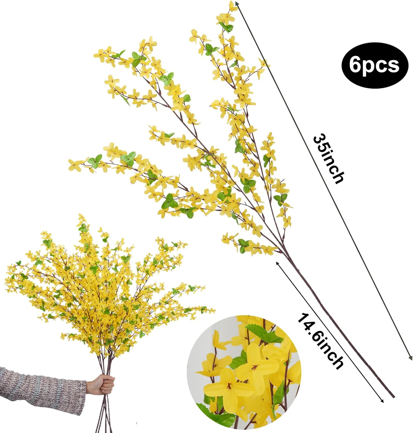 35in Forsythia Long Stem Artificial Flowers for Tall Vase 6PCS | Yellow Artificial Flowers, Silk Forsythia Branches, Flexible Wire Stems, Vase Decor, Home and Wedding Displays