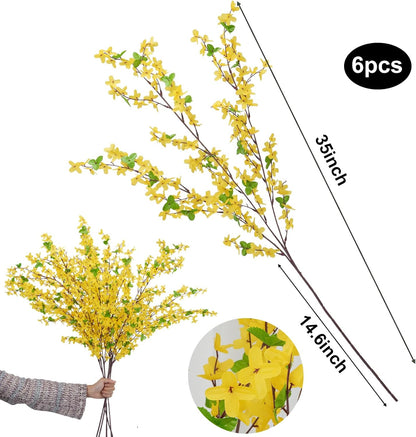 35in Forsythia Long Stem Artificial Flowers for Tall Vase 6PCS | Yellow Artificial Flowers, Silk Forsythia Branches, Flexible Wire Stems, Vase Decor, Home and Wedding Displays