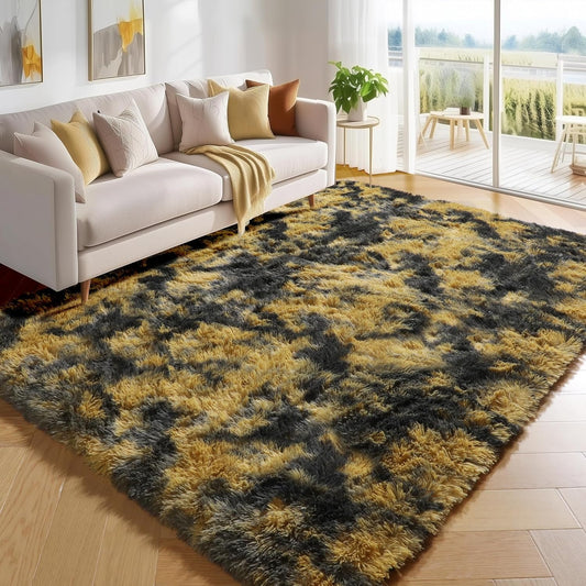 4x6 Black and Yellow Bedroom Rugs, Fluffy Modern Living Room Area Rug, Fuzzy Shaggy Carpet, Indoor Plush Rugs for Kids Room Furry Floor Rug for Boys Room Decor Carpet for Teen Dorm Nursery