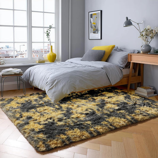 4x6 Black and Yellow Bedroom Rugs, Fluffy Modern Living Room Area Rug, Fuzzy Shaggy Carpet, Indoor Plush Rugs for Kids Room Furry Floor Rug for Boys Room Decor Carpet for Teen Dorm Nursery