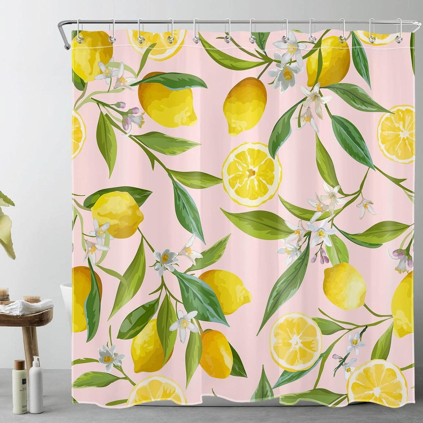 Nature Plant Fruit Shower Curtain for Bathroom Yellow Lemon with White Flower Green Leaf on Pink Bathroom Shower Curtains with Hooks, Country Bathroom Curtains Shower Set 72x72 inch