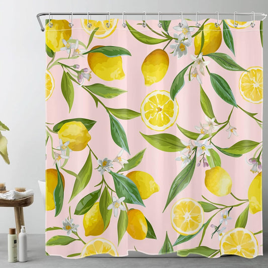 Nature Plant Fruit Shower Curtain for Bathroom Yellow Lemon with White Flower Green Leaf on Pink Bathroom Shower Curtains with Hooks, Country Bathroom Curtains Shower Set 72x72 inch