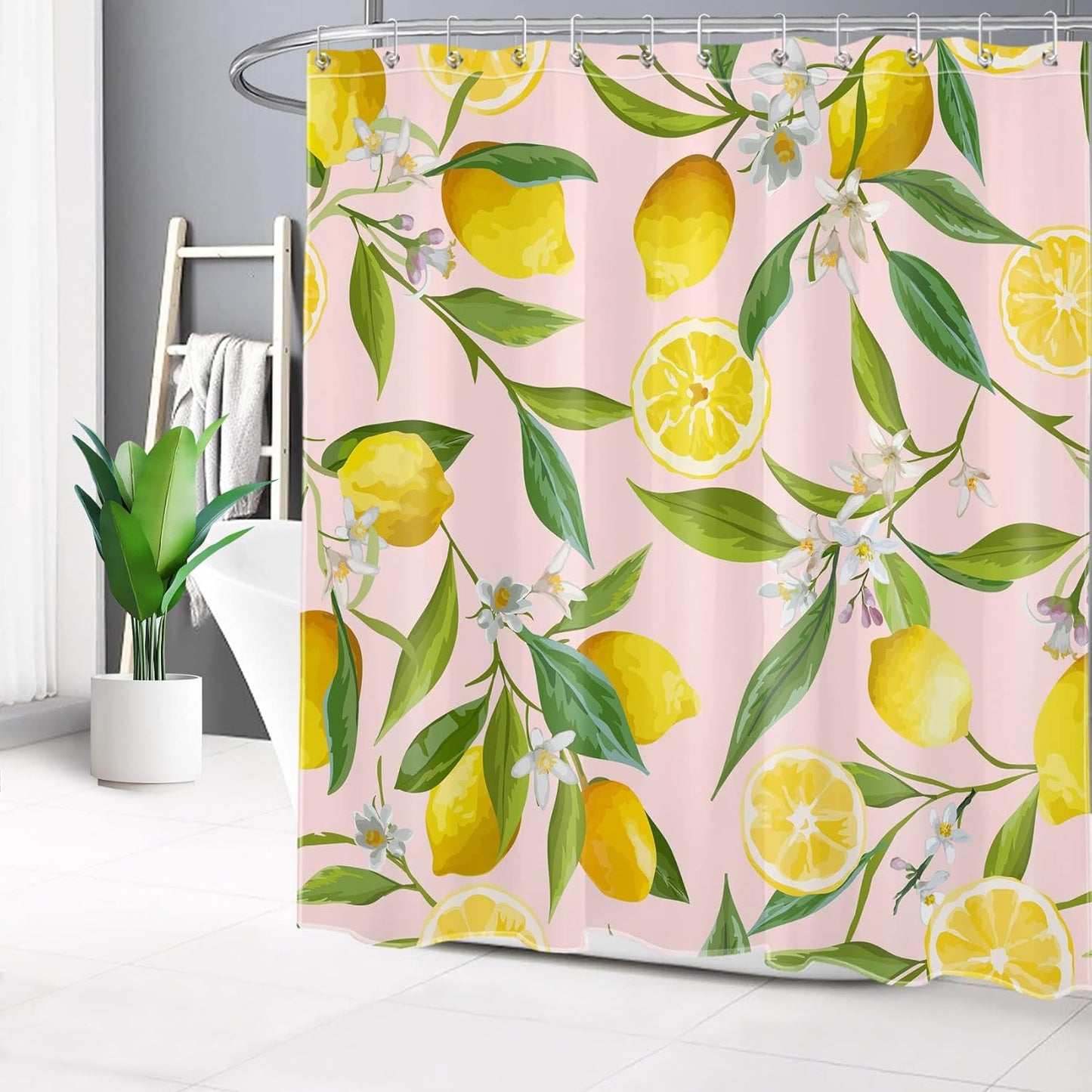 Nature Plant Fruit Shower Curtain for Bathroom Yellow Lemon with White Flower Green Leaf on Pink Bathroom Shower Curtains with Hooks, Country Bathroom Curtains Shower Set 72x72 inch