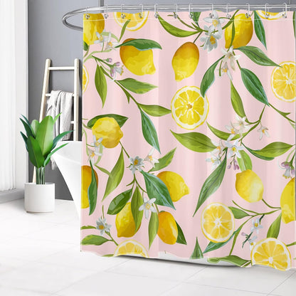 Nature Plant Fruit Shower Curtain for Bathroom Yellow Lemon with White Flower Green Leaf on Pink Bathroom Shower Curtains with Hooks, Country Bathroom Curtains Shower Set 72x72 inch