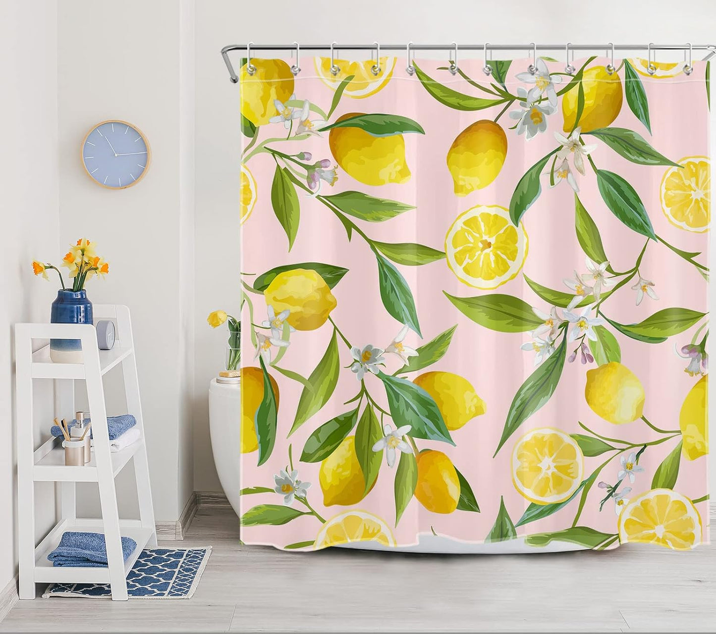 Nature Plant Fruit Shower Curtain for Bathroom Yellow Lemon with White Flower Green Leaf on Pink Bathroom Shower Curtains with Hooks, Country Bathroom Curtains Shower Set 72x72 inch