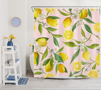 Nature Plant Fruit Shower Curtain for Bathroom Yellow Lemon with White Flower Green Leaf on Pink Bathroom Shower Curtains with Hooks, Country Bathroom Curtains Shower Set 72x72 inch