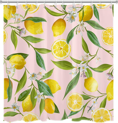 Nature Plant Fruit Shower Curtain for Bathroom Yellow Lemon with White Flower Green Leaf on Pink Bathroom Shower Curtains with Hooks, Country Bathroom Curtains Shower Set 72x72 inch